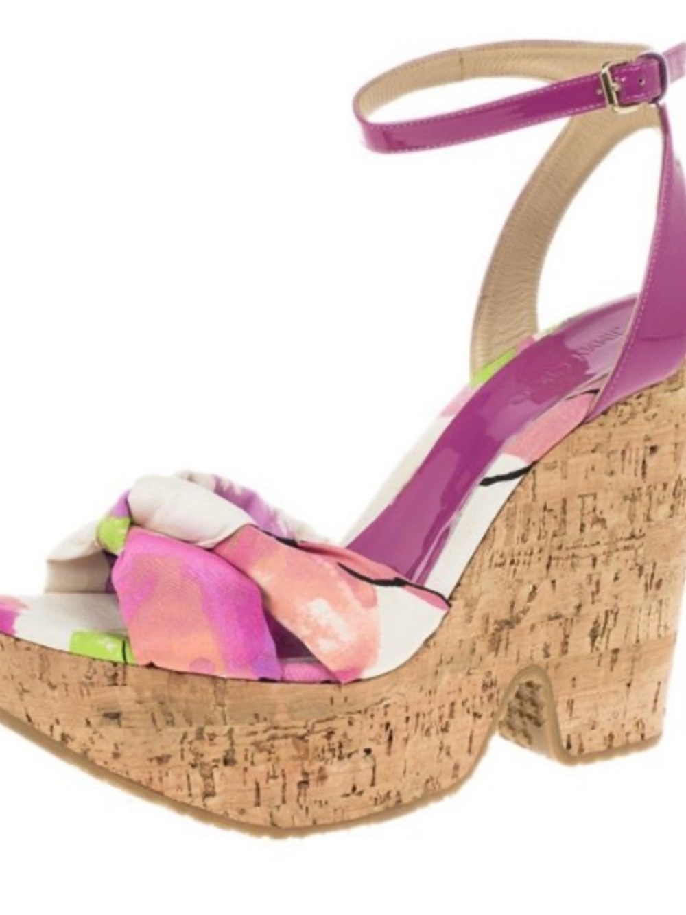 Jimmy Choo Pink Floral Cork Wedge Sandals with Ankle Strap